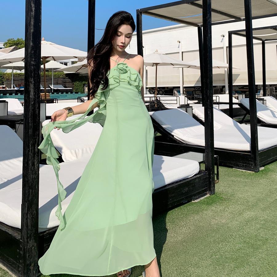 

French Dress Skirt Suspender Long Dress Design Sense Neck Dress Women s Summer New Fairy Vacation Skirt XL світло-зелений колір