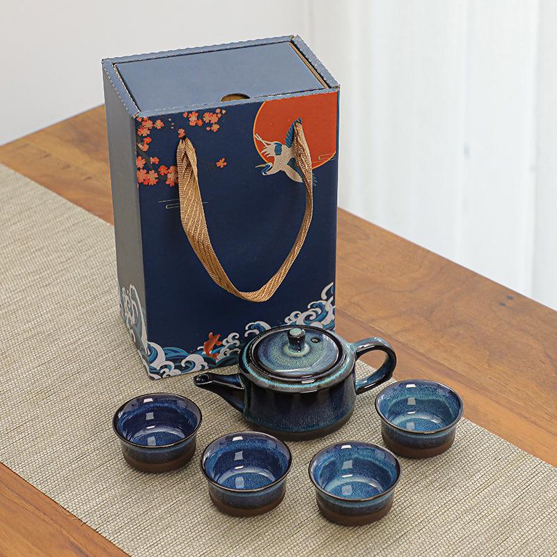 Ceramic Tianmu Glaze Kiln Change Kung Fu Tea Set 24 Cup Teapot Teacup Business Souvenir