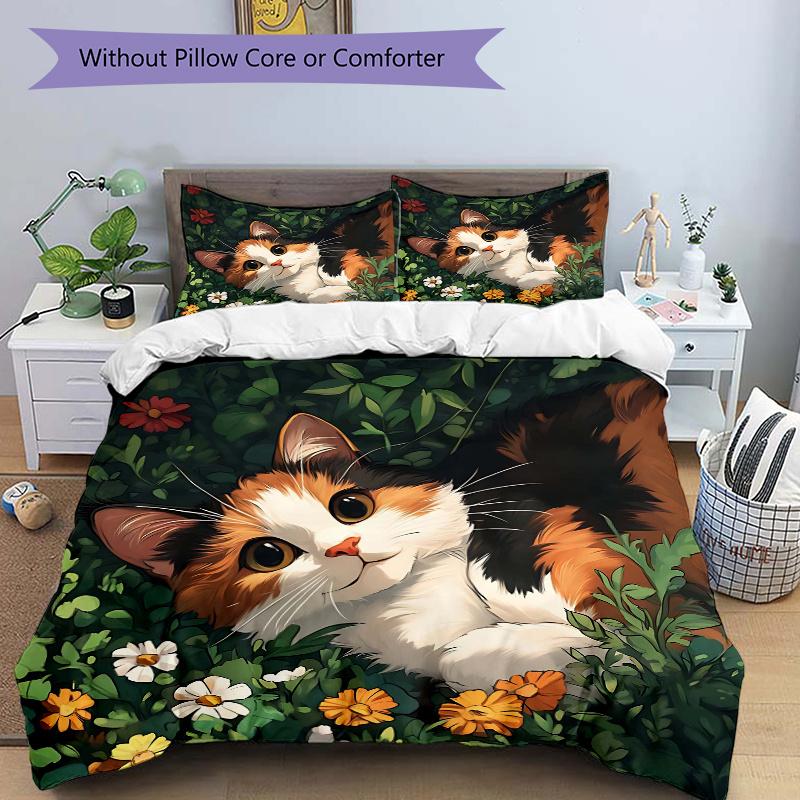 

3pcs Orange Cat & Flower Theme Printed Quilt Set - Includes 1 Quilt Cover and 2 Pillowcases, Machine Washable - Suitable for All Seasons.N071 135x200cm
