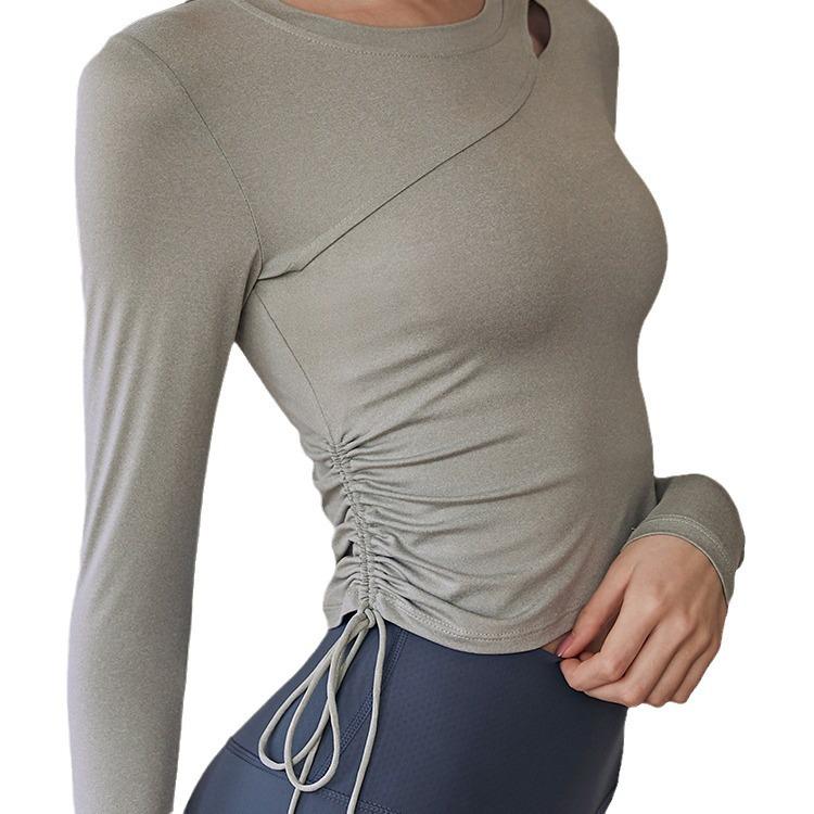 Top da donna a maniche lunghe da yoga con collo rotondo, elastico sottile, traspirante, ad asciugatura rapida, tinta unita, design con coulisse, palestra, atletico, yoga, corsa
