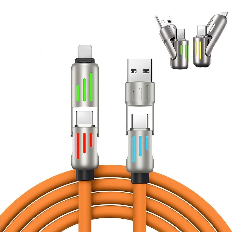 1.5M 4-in-1 Fast Charging Cable with LED Indicator 240W USB C  Universal Cable with Lightning/Micro-USB/Type-C Ports for All Phones Tablets Power
