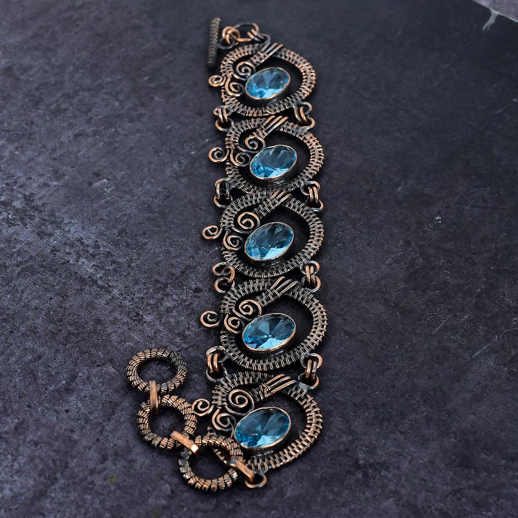 Natural Swiss Blue Topaz Gemstone Handmade Copper Wire Wrap Bracelet 7-8" Q1K48