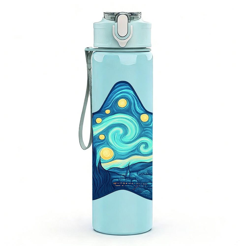 1PC Starry Blue Star Pattern 750ml Color Plastic Sports Water Bottle Leakproof Flip Straw Lid Suitable for Sports Office Home Use