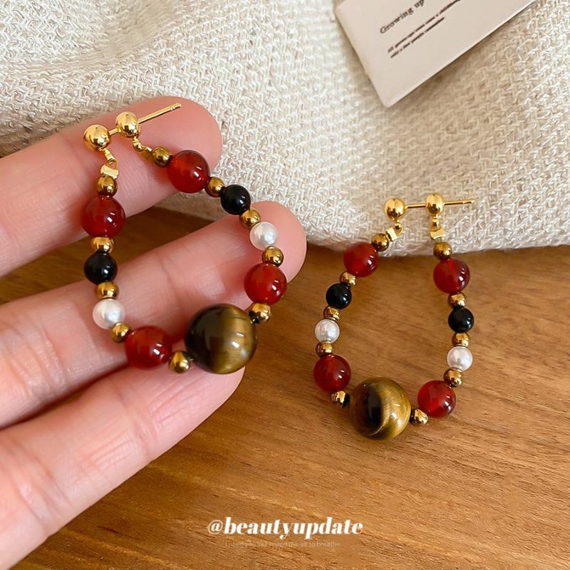 Silver Needle Round Black Gallstone Tiger's Eye Pearl Earrings Light Luxury Premium Stud Earrings Maillard Retro Earrings Earrings