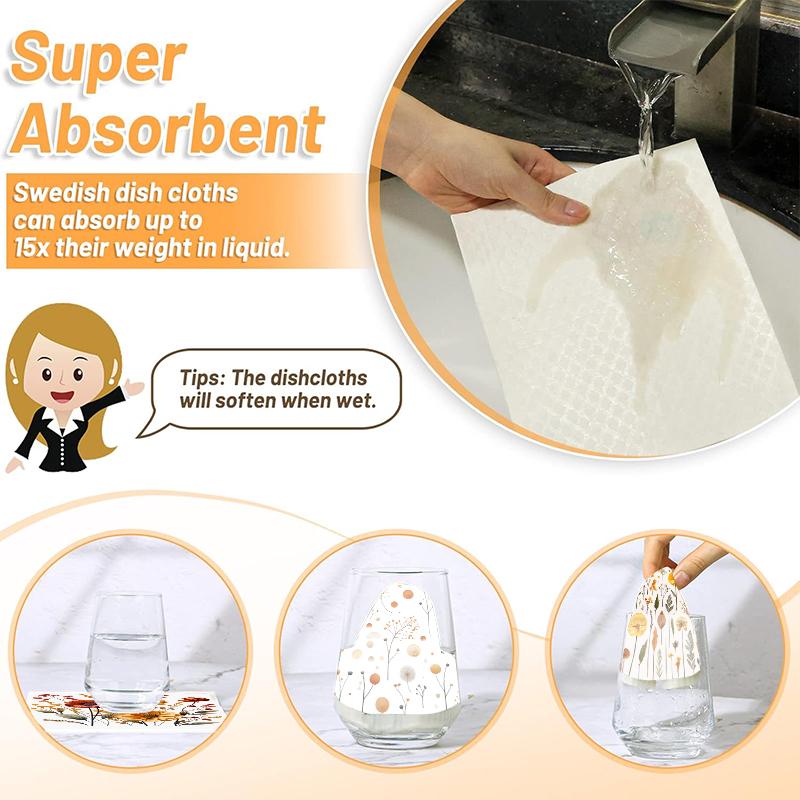 6PCS Orange Flowers Print Swedish Dishcloths Eco-Friendly Kitchen Rags Absorbent Dish Towels Reusable Washable Cleaning Cloths