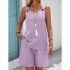 Western Spring Summer Fall New Solid Color Craft Fabric Double Pocket Sleeveless Top and Shorts, Vacation Style Elegant Casual Set
