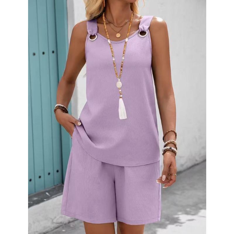 Western Spring Summer Fall New Solid Color Craft Fabric Double Pocket Sleeveless Top and Shorts, Vacation Style Elegant Casual Set