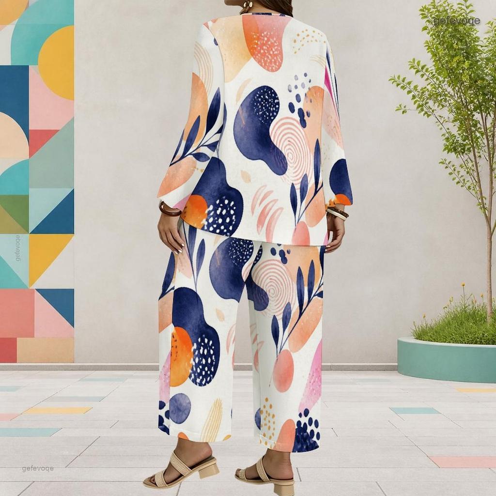 Women Plus Size Printed Round Neck Long Sleeve Layered Top Wide Leg Cropped Pants Two Piece Set