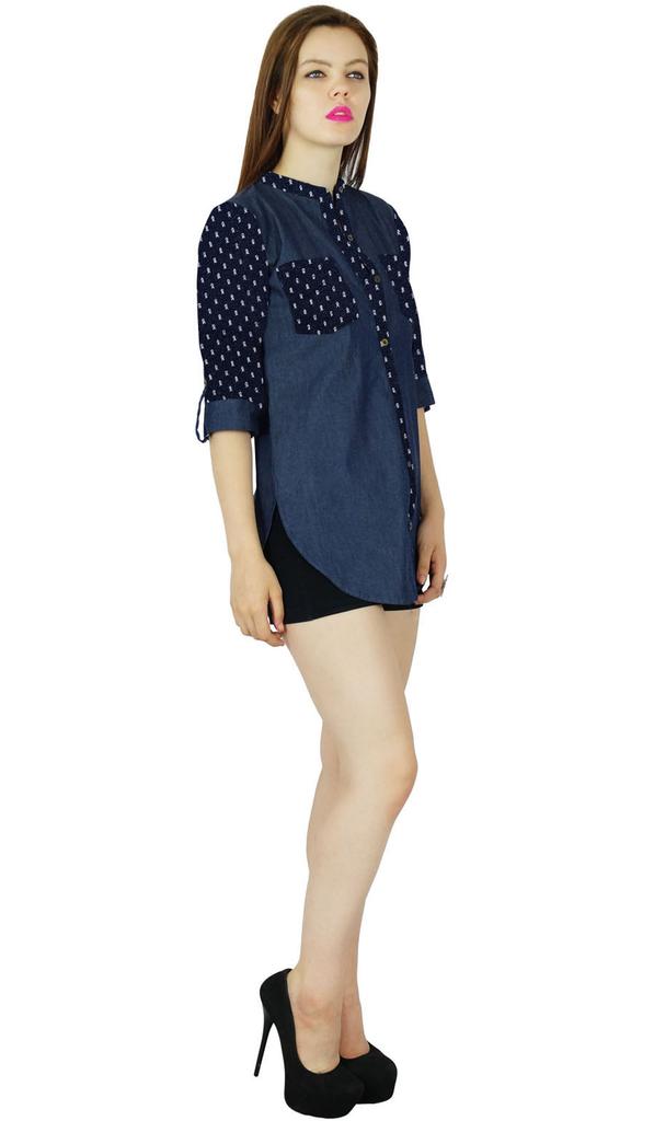 Bimba Women Blue Custom Shirt Casual Denim Top 3 4 Sleeve Formal Button Down