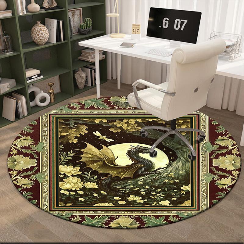 1pc Medieval Gothic Fantasy Dragon Round Carpet Painted Printed Circular Carpet, Home Door Mat, Outdoor Travel Protection Carpet