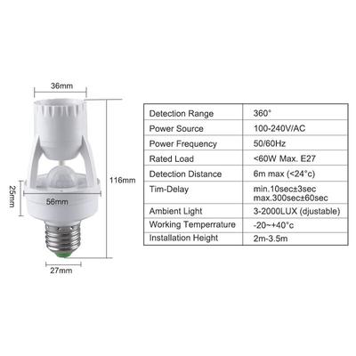 Interruptor de luz com sensor de movimento E27, 100-240 V, detector de movimento, E27, suporte de lâmpada com controle de luz, adaptador de soquete de lâmpada de interruptor inteligente