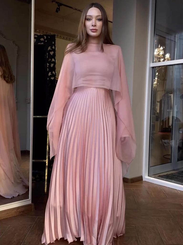 2025 Herbst Rosa Plissiertes Taillenbetontes Langarm-Kleid-Set für Damen