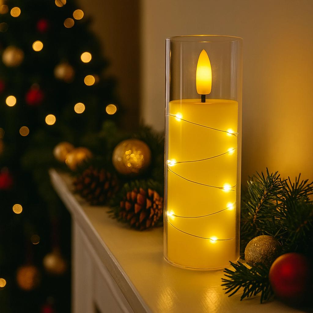LED Pillar Candle with String Lights and Remote Control - 3 Sizes