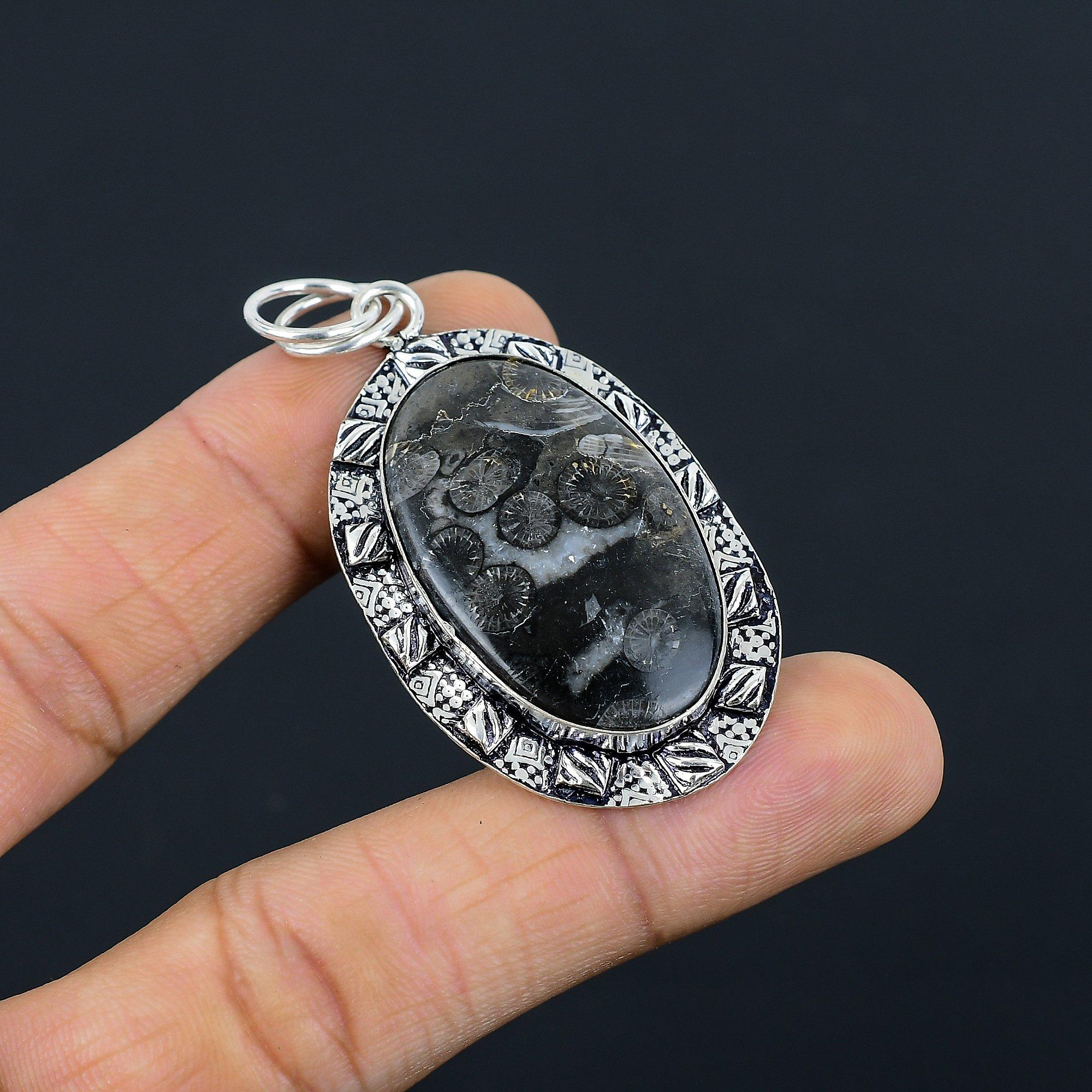 

Sisters Day Sale Natural Black Fossil Coral Pendant Jewelry 925 Sterling Silver