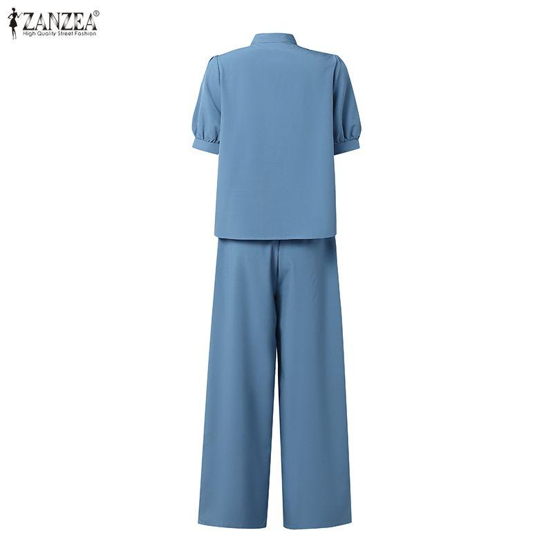 ZANZEA Women Short Sleeve Blouse and Pants Casual Two Piece Suit Sets