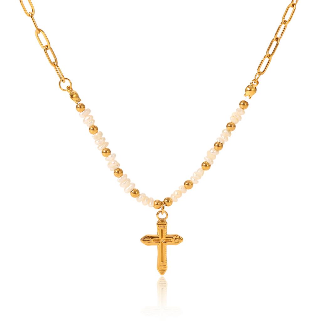 Französische leichte Luxus-Vintage-Halskette aus natürlichen Süßwasserperlen mit Edelstahl-Kreuzanhänger Schmuck High-End-Schlüsselbein-Kette