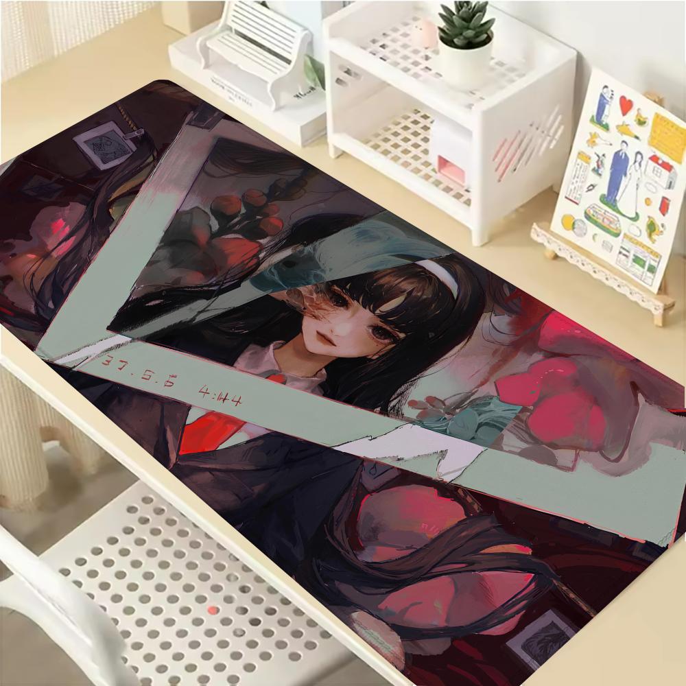 Gaming Mouse Pad with Antislip Base and Stitched EdgesBlack White Horror Manga Girl Print Desk Mat for PC Laptop Gaming