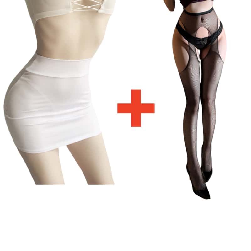 2PCS/SET Women High Waist Pencil Mini Skirts+Stockings Dress Set,Sexy Casual Wrap Hips Black Short Skirt and Pantyhose