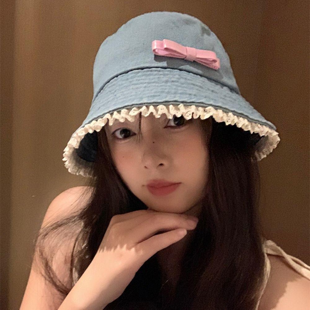 Y2K Lace Fisherman Hat Big Brimmed Bow Sunscreen Hat Fashion Denim Bucket Hat  Girls