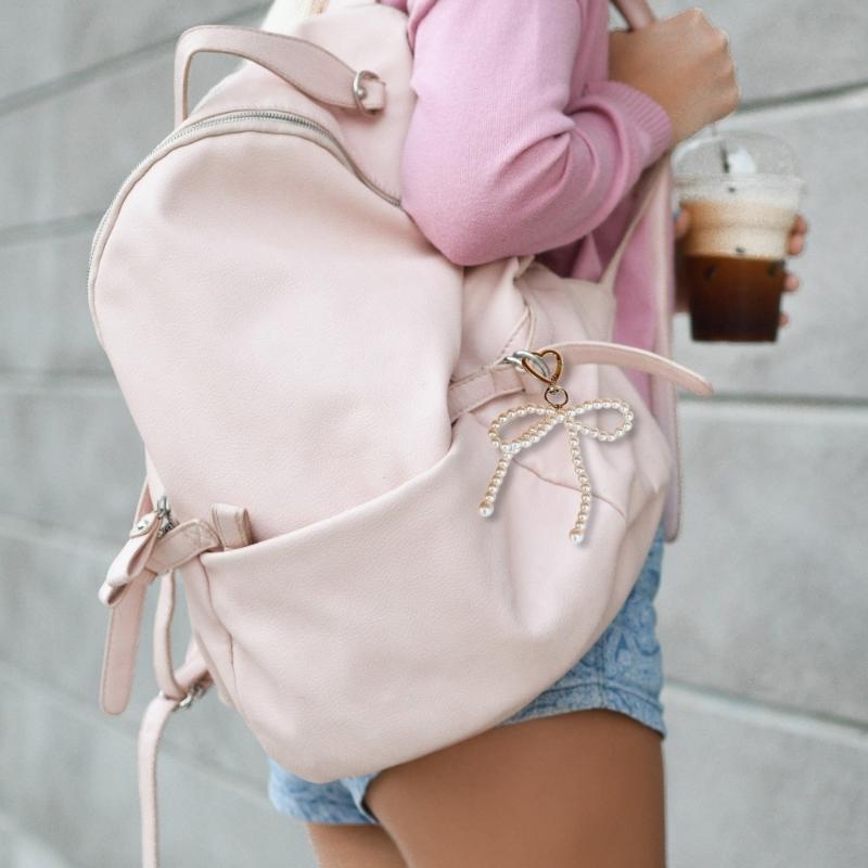 Pearl Bowknot Charm Heart Keychains Sweet Cute Pendant Ornament Keyring Backpack Decoration Jewelry for Women Girls