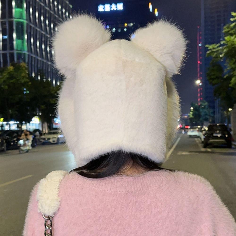 Warm Ear Protection Hat Cute Bucket Hat Thickened Plush Bear Hat  Women