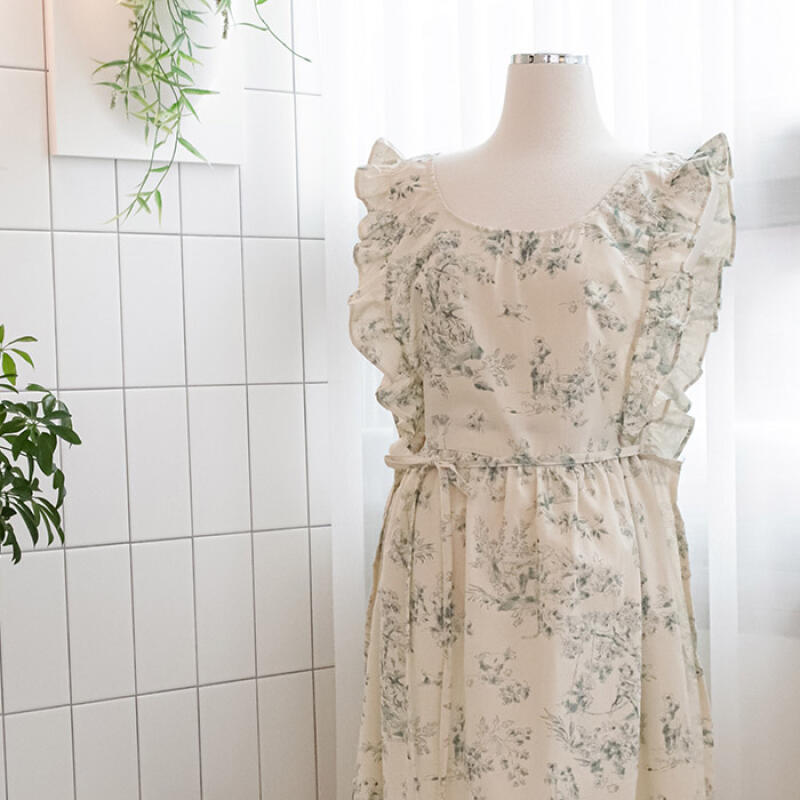 Twal Natural 30s 100% Cotton Side Slit Frill One-Piece Apron