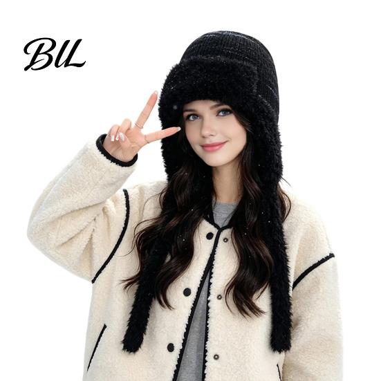 Winter Outing Accessories Women Trapper Hat, Wool Blend Knitted Hat with Ear Flaps, Fuzzy Trim, Warm Knit for Cold Weather Hiking Skiing Outdoor Caps