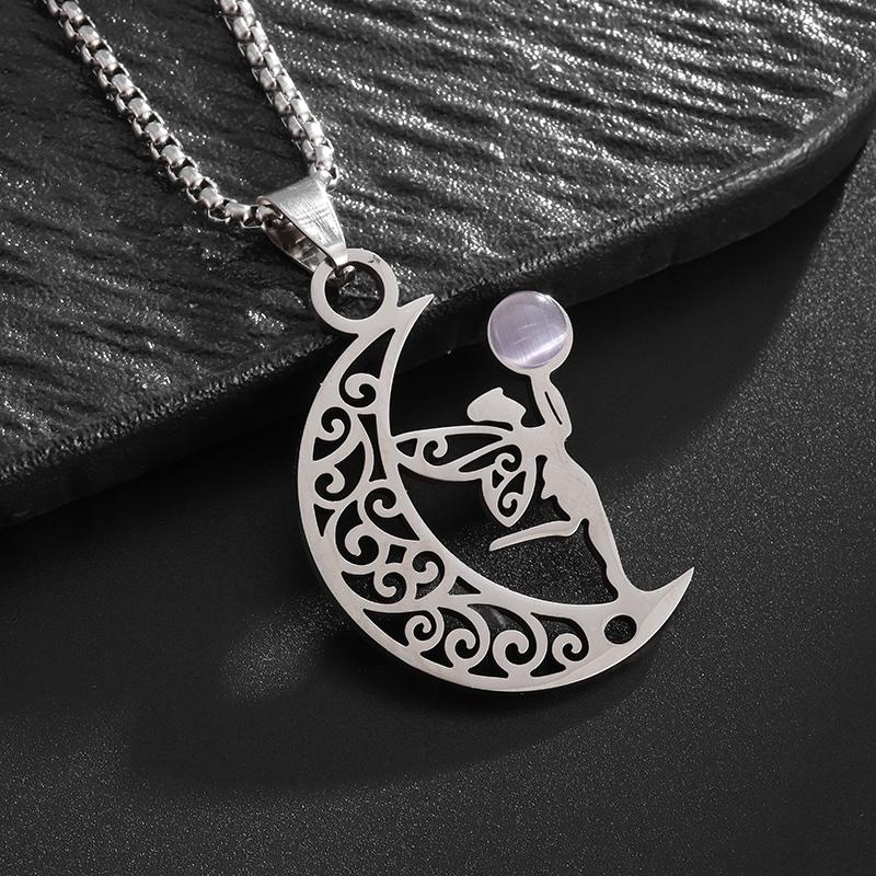 Stainless Steel Moon Elf Pendant Necklace for Men and Women Fashion Popular Lucky Amulet Jewelry Gift