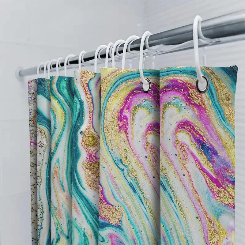 Colorful Shower Curtain With Glitter And Sparkle Marbled Pattern For Bathroom Decorations