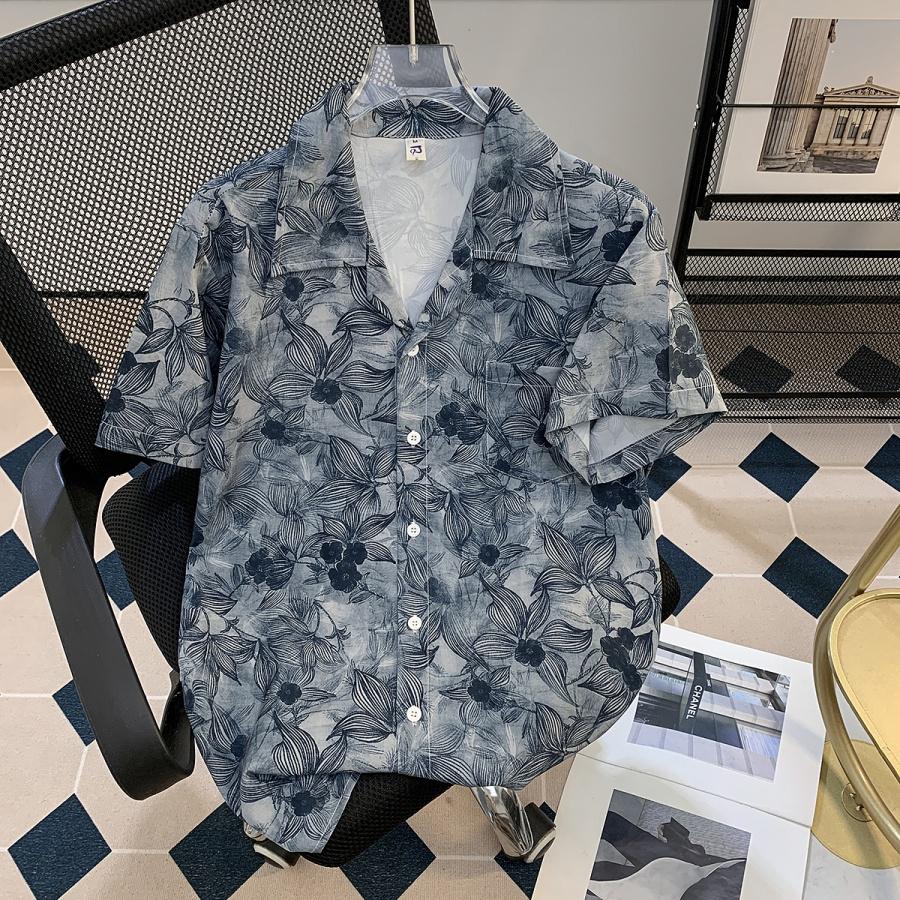 Summer Island Vacation Style Ice Silk Short Sleeve Floral Shirt Men's Hawaiian Cuban Collar Shirt Cool Fashion for Men
