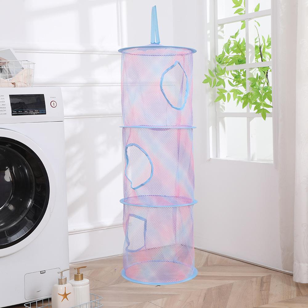 3 Shelf Hanging Laundry Basket Nylon Mesh Storage Basket for Toy Washing Basket Dirty Clothes Sundries Basket Organizer Bag