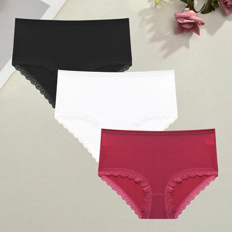 

3Pcs Women Cotton Striped Underwear Sexy Lace Stretchy Panties Breathable Mid-Rise Solid Briefs Lady Comfort Plus Size Lingerie S&3pcs
