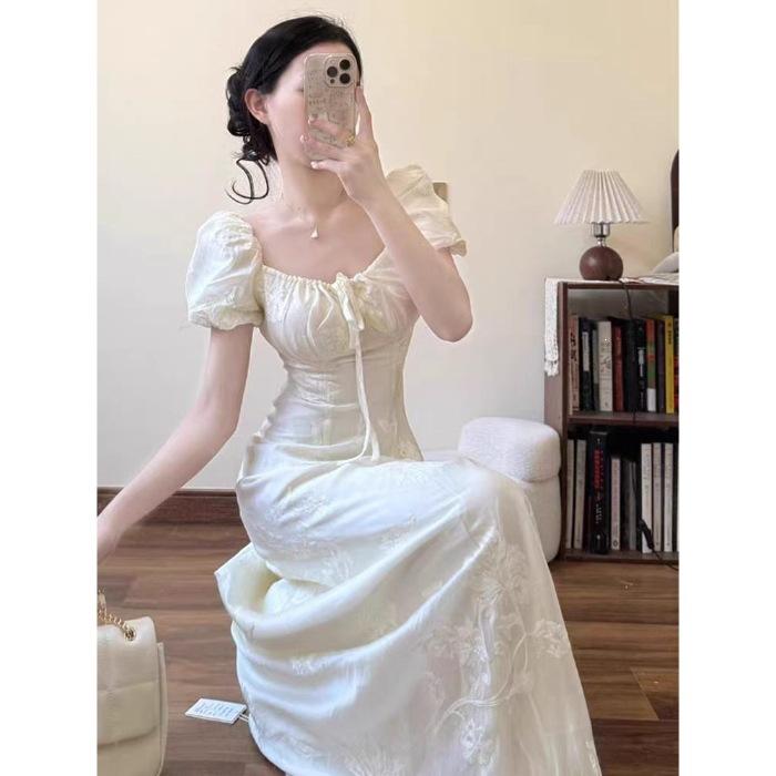 French first love pure square neck dress children's summer 2026 new waist temperament bubble sleeves fairy long dress
