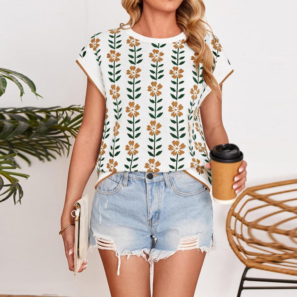 Women's Fashion Solid Color Round Neck Short Sleeved Knitted Small Flower Sweater Short Top