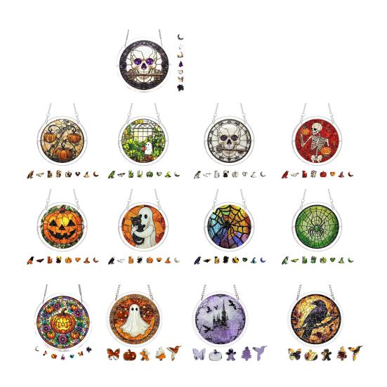 Halloween Acrylic Puzzle Decor, 2D Ghost Pumpkin Skeleton Hanging Sign, Faux Stained Glass Spooky Puzzle for Party Home Decor, Stress Relief Toy