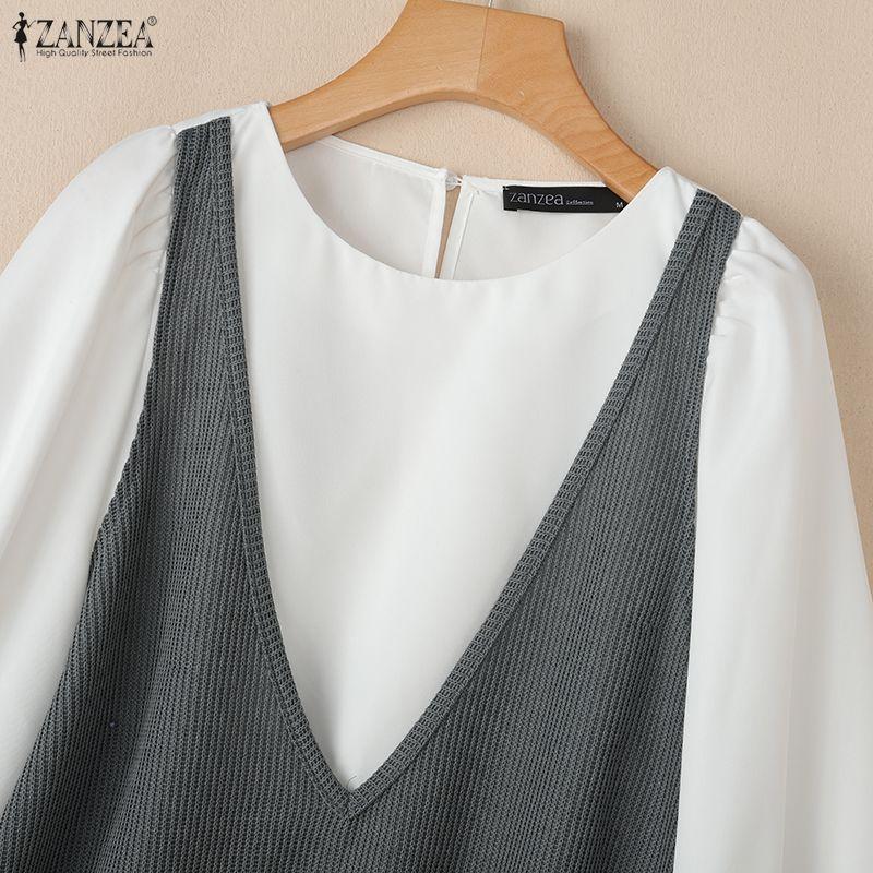 ZANZEA Women Casual Round Neck Long Sleeve Loose Patchwork Blouse