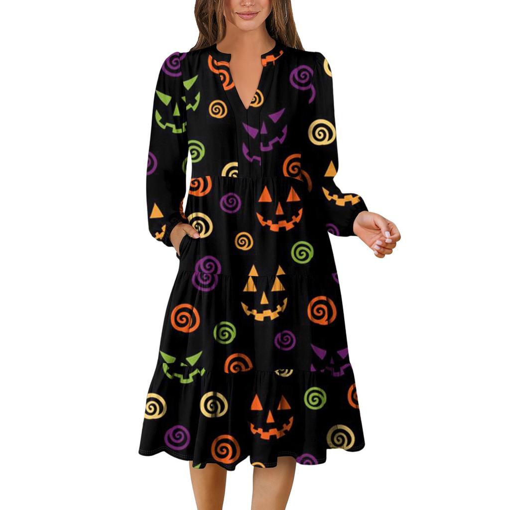 Women's V-Neck Flowing Layered Bohemian Long Sleeve Halloween Print Dress