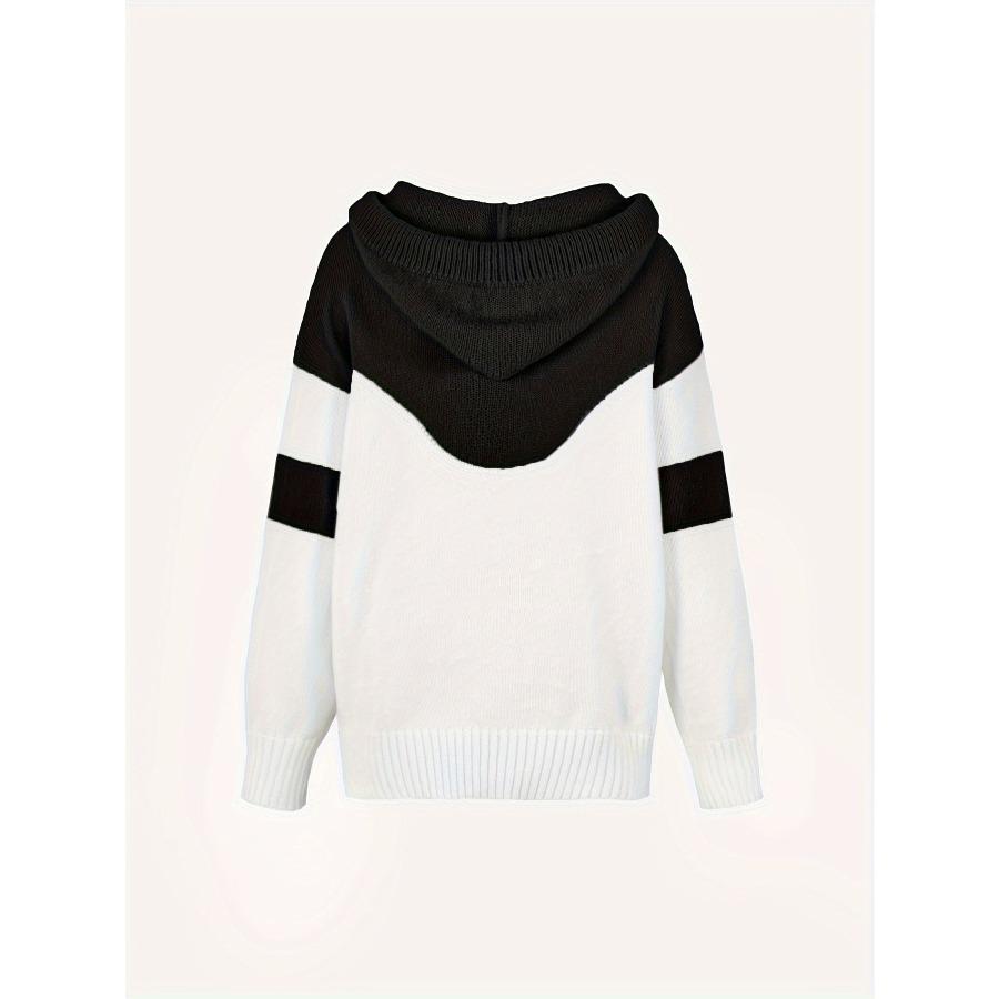 Color Block Drawstring Hooded Sweater, Casual Long Sleeve Pullover Sweater With Pocket, Women's Clothing