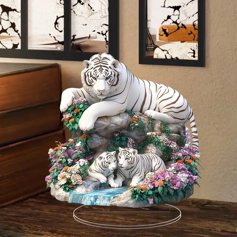Bohemian White Tiger Acrylic Desk Decoration with Floral Accents