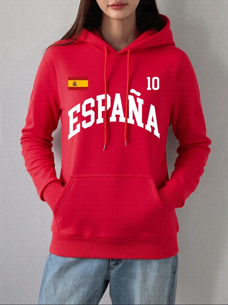 España Flag Number 10 Prints Hoodies Womens Comfortable Loose Sweatshirts Winter Fleece Warm Pullovers Basics Pocket Clothes