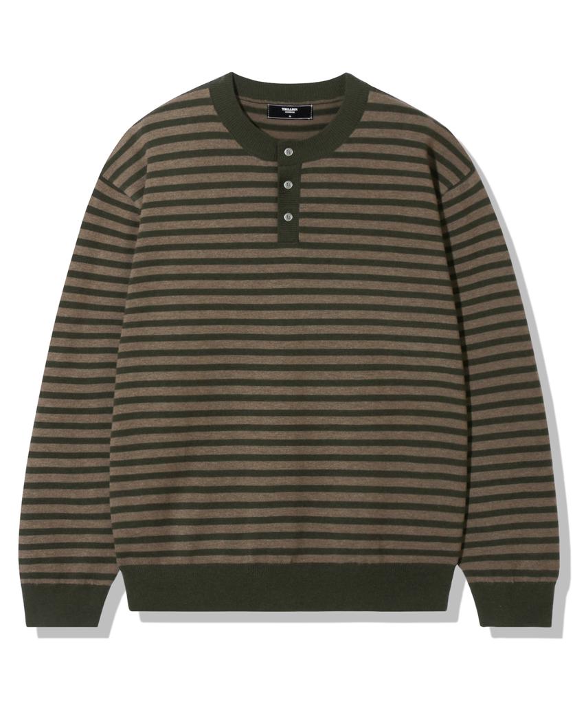 TRILLION Semi-Crop Henley Neck Knit_Stripe Khaki