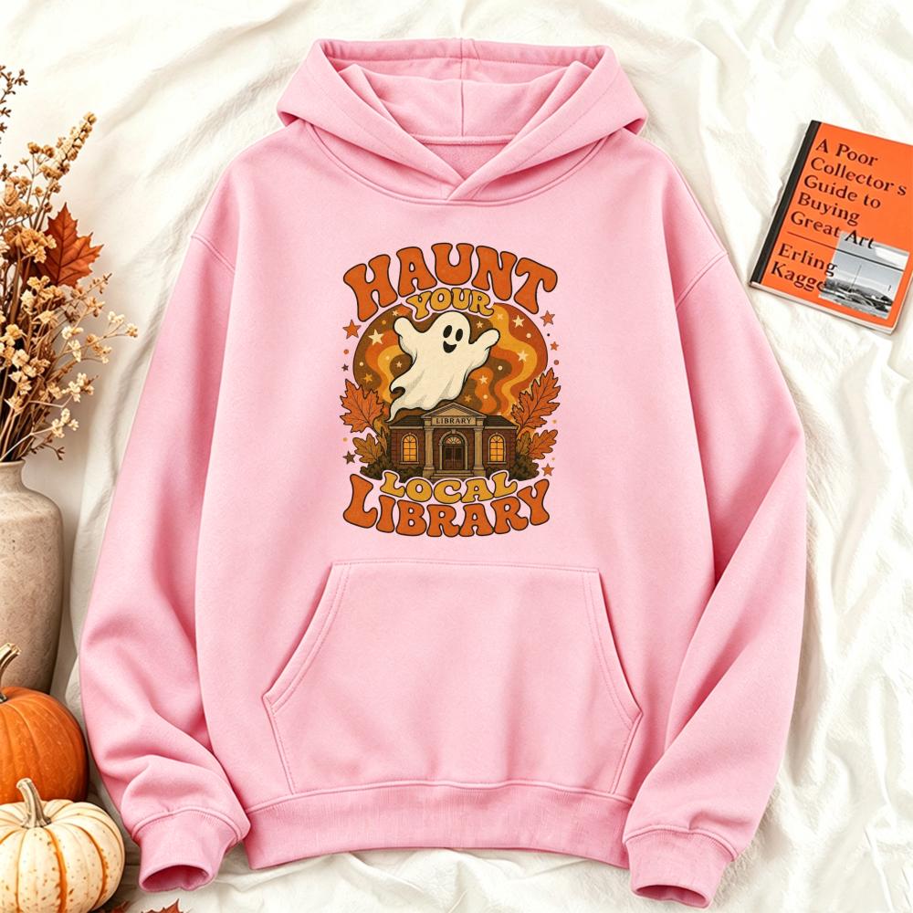 Retro Funny Halloween Ghost Hoodie Libarary Graphic Sweatshirt Bookish Gothic Unisex Streetwear Pullover Jumper for Her Hoodie