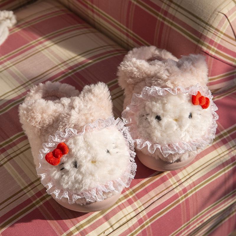 Women’s Cute Cartoon KT Cat Cotton Slippers - Sanrio Furry Plush, Heel-Covered Winter 2025