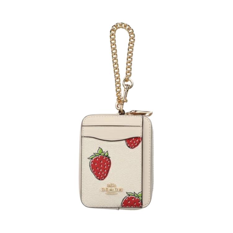 Coach Card Case Zip 11 Strawberry Print Logo Coated Canvas Women Card Case Gold Pink Multicolor CAR32-IMCAH
