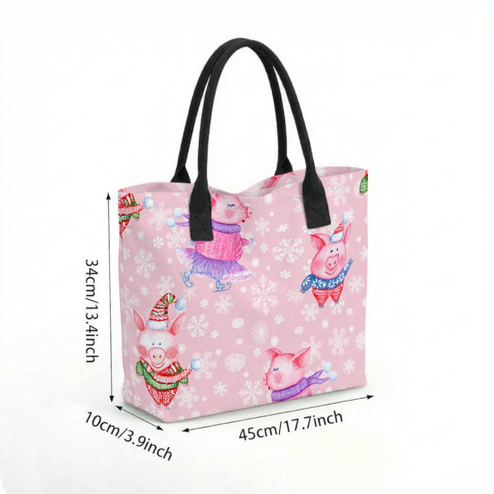 Pink Tote Bag Women Canvas Shopping Handbag with Cartoon Pig Winter Print Black Handles