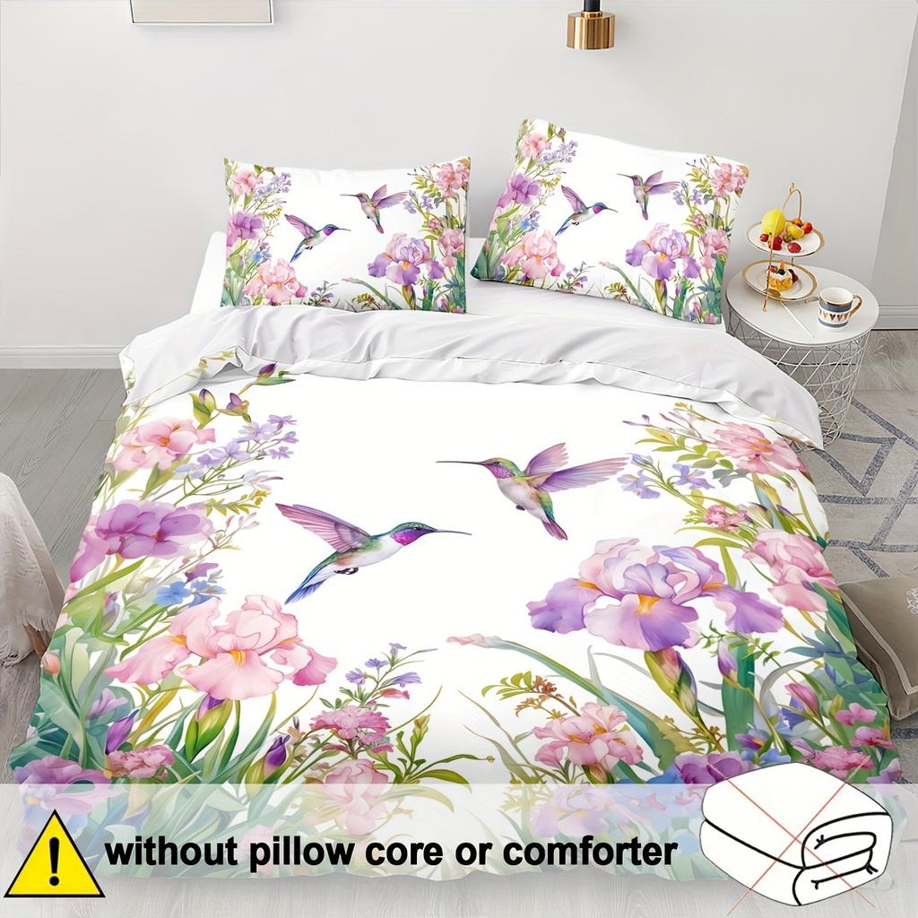 2/3pcs Hummingbird Bedding Animal Duvet Cover Set Kingfisher Comforter Cover Bedroom Decor Guest Room 2D Pink Flowers Flat Printing (Include
