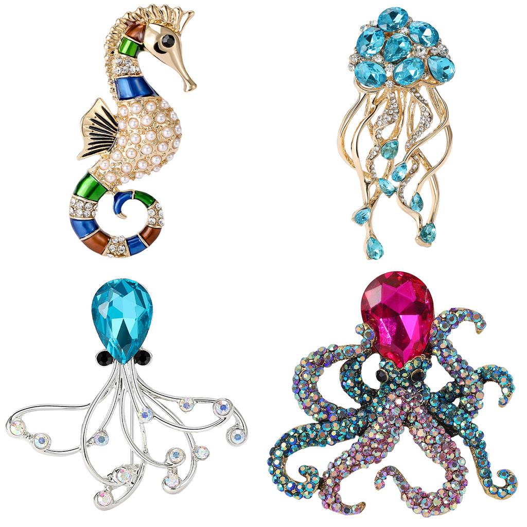 Rhinestone Sea Life Brooches for Women Unisex Glass Animal Pins Banquet Party Backpack Gifts Jewelry Accessories