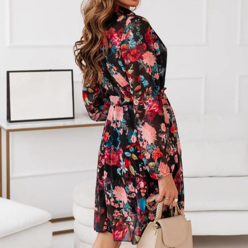 Nové letní šaty s dlouhým rukávem, s květinovým potiskem, vintage, dámské, na knoflíky, se šněrováním v pase, volné košilové šaty, dámská móda, ležérní áčkového střihu, dámské šaty 26201