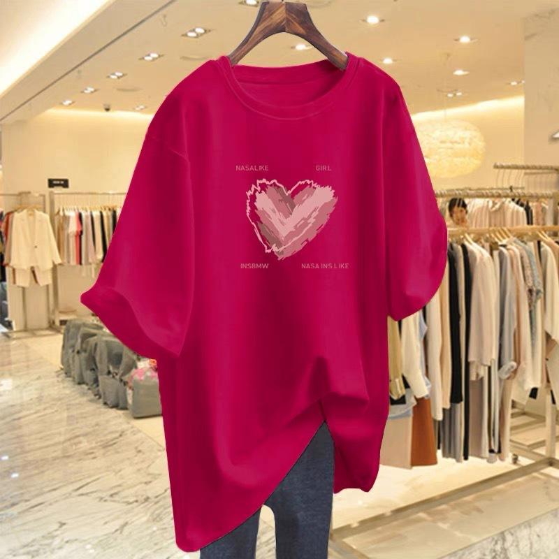 

2025 summer new pure cotton love printing medium and long white large version fat MM large size short-sleeved t-shirt women s top XXXL