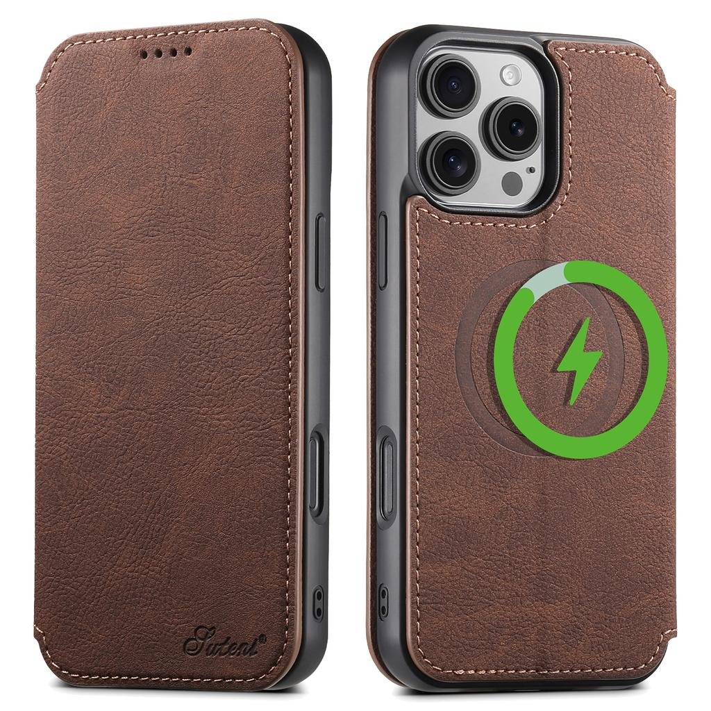 SUTENI J06 For iPhone 16 Pro Case Litchi Texture Leather Wallet Phone Shell Compatible with MagSafe
